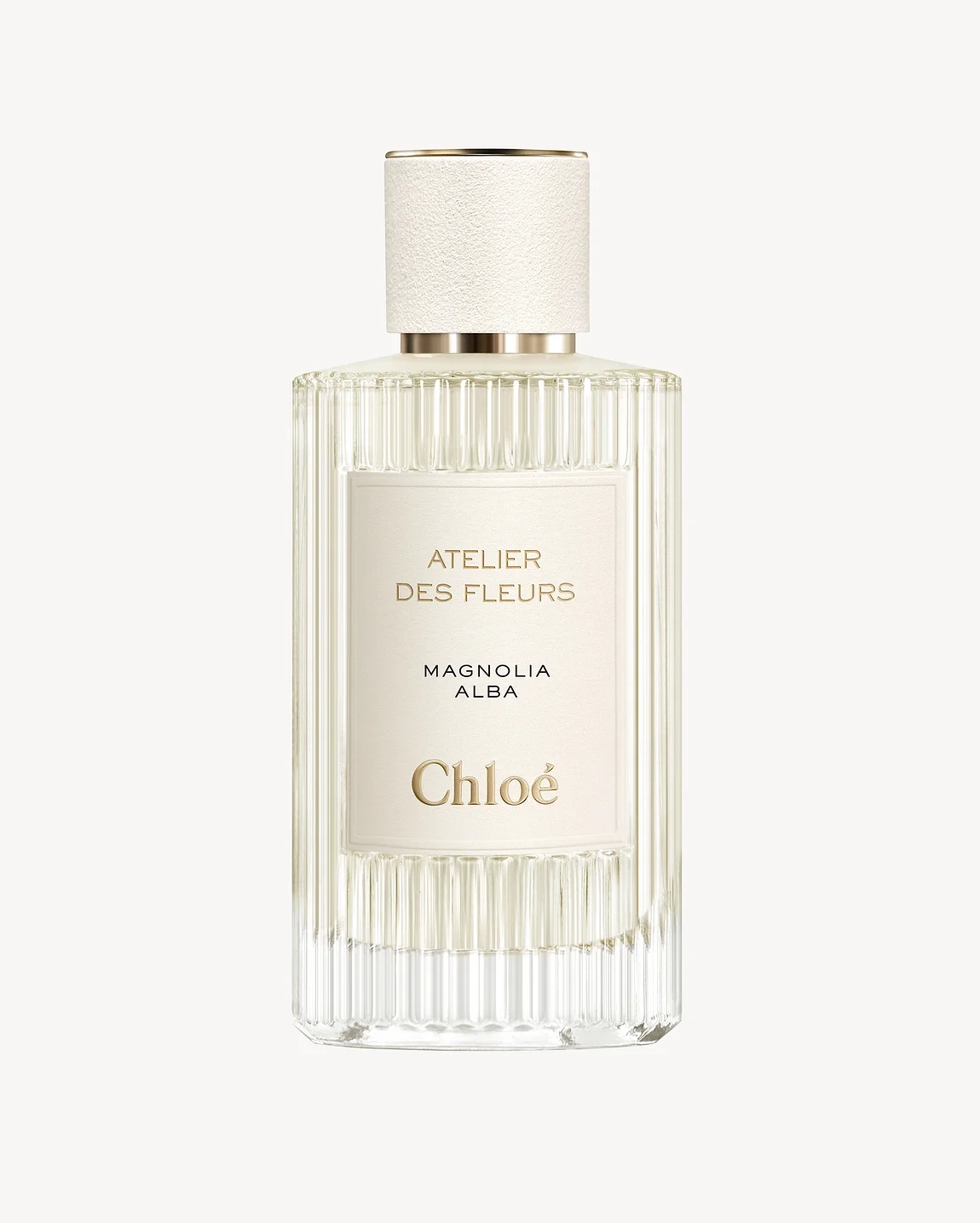 Frasco de vidrio acanalado de Atelier des Fleurs Magnolia Alba de Chloé con detalles en marfil y oro, ideal como perfume para boda