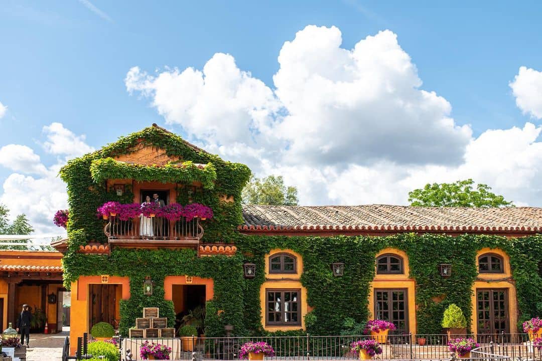 Fachada de la Antigua Fábrica de Harinas cubierta de enredaderas verdes, lugar emblemático para bodas en Madrid