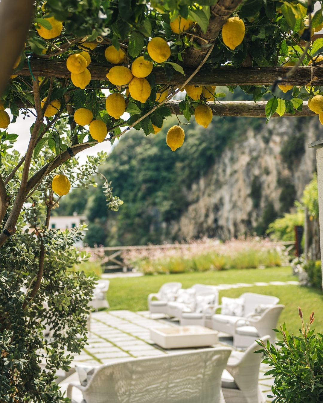 Acogedora zona chill out en Giardini del Fuenti, rodeada de aromáticos limoneros, con asientos cómodos y una atmósfera relajante, ideal para descansar y disfrutar en la Costa Amalfitana.