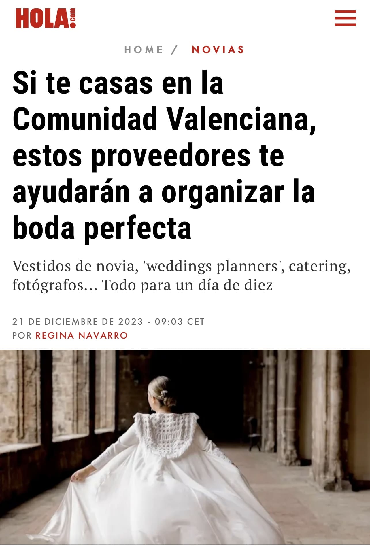 Cabecera de artículo en 'Hola' sobre bodas en la Comunidad Valenciana, mencionando a Bouclé Weddings como proveedor destacado.