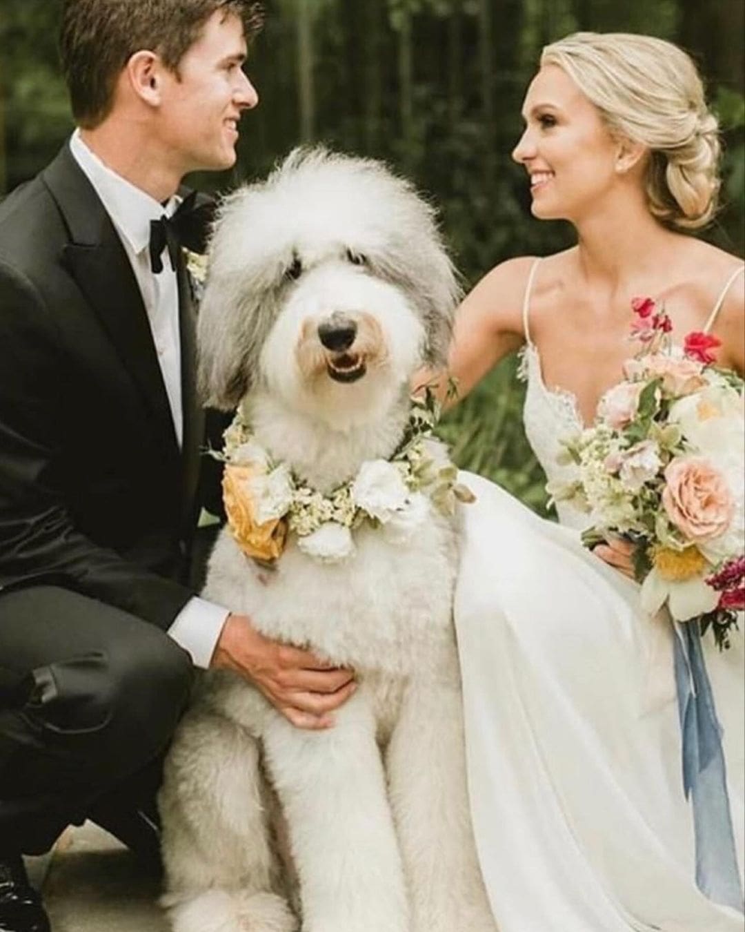 Novios sonrientes posando con su perro adornado con flores en su día de boda.