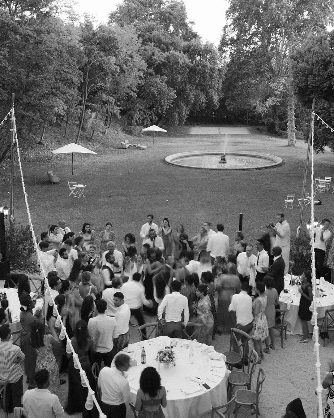 Invitados de boda comportándose adecuadamente en un jardín elegante