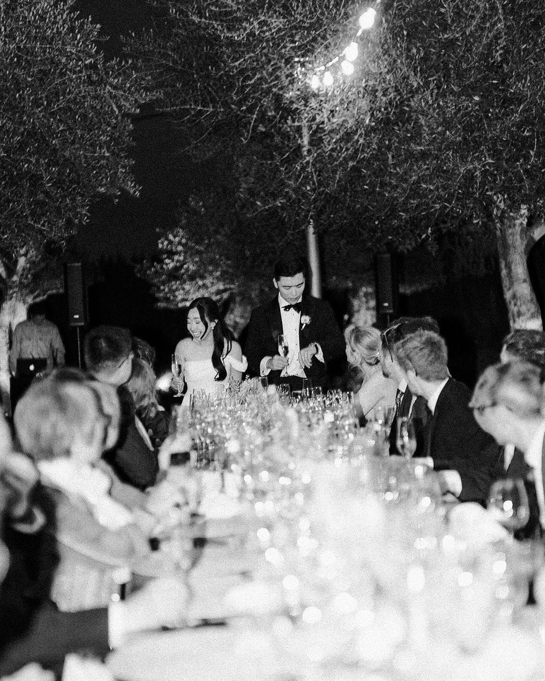 Novios de pie en una larga mesa durante la recepción de boda, brindando con los invitados, representando el hilo rojo del destino.