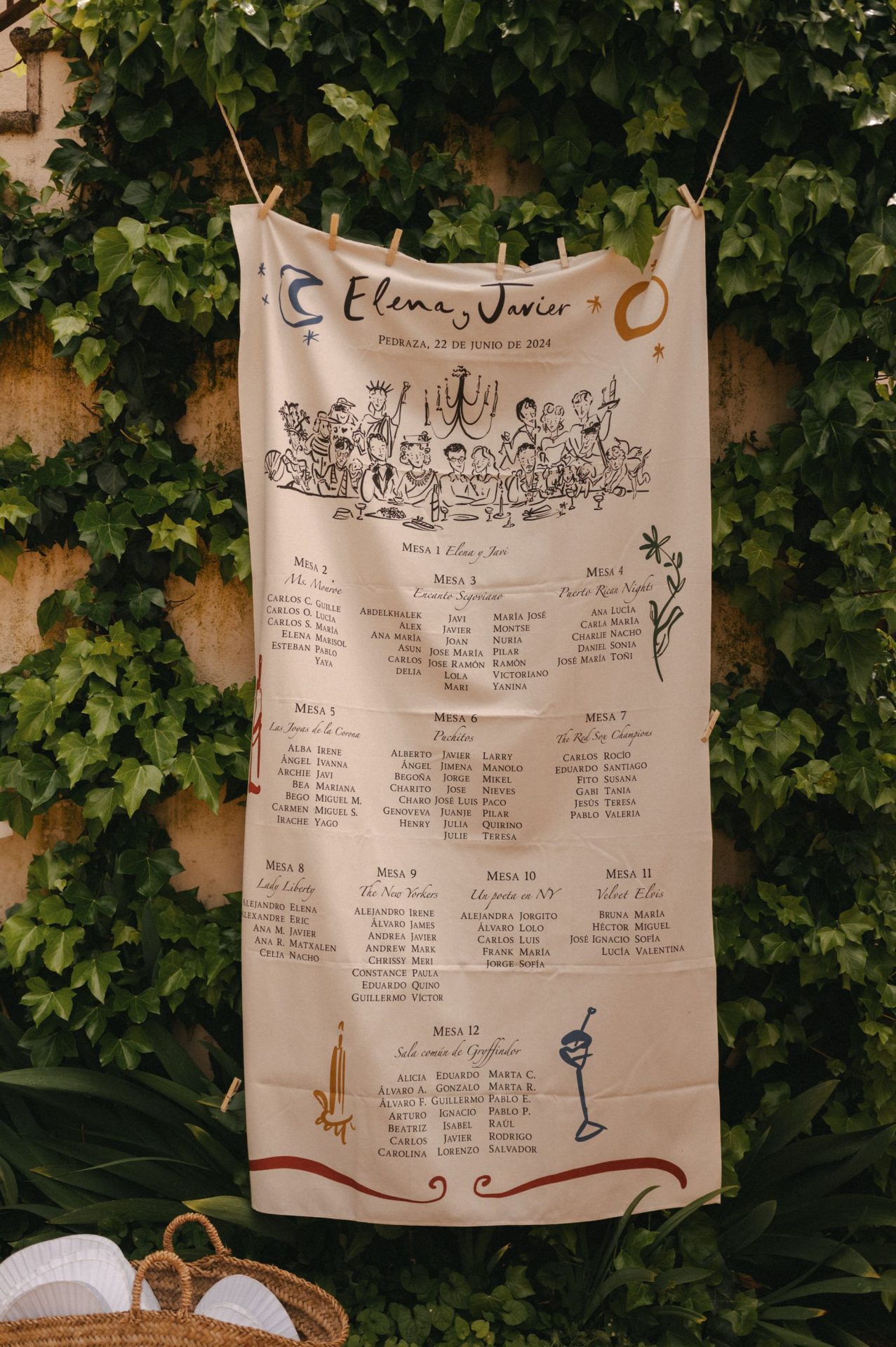 Seating plan de boda pintado a mano con temática de la pareja, diseño personalizado acorde a las tendencias de boda 2025.