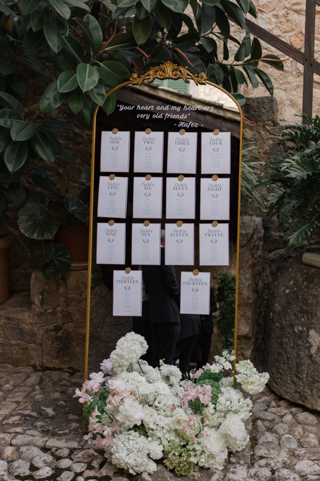 seating plan de boda en un panel a la entrada del banquete